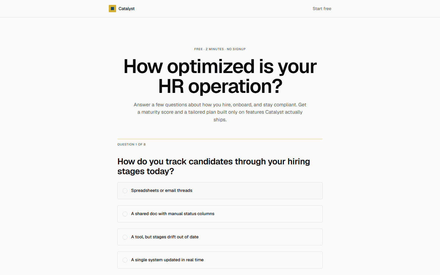 The HR Audit landing page with its first question