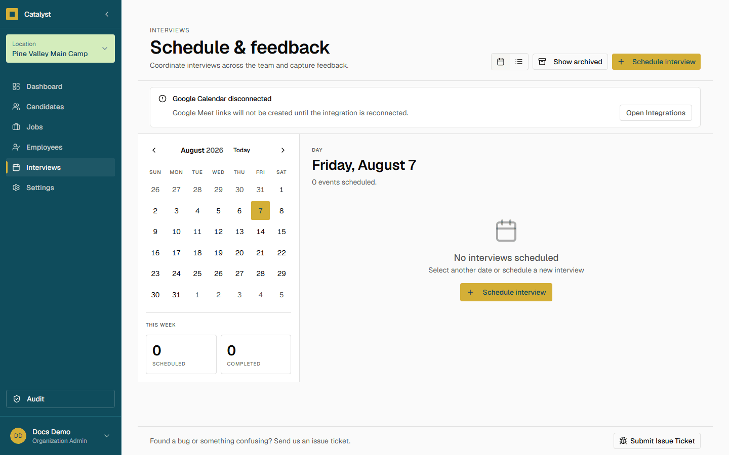 The interviews schedule and feedback page