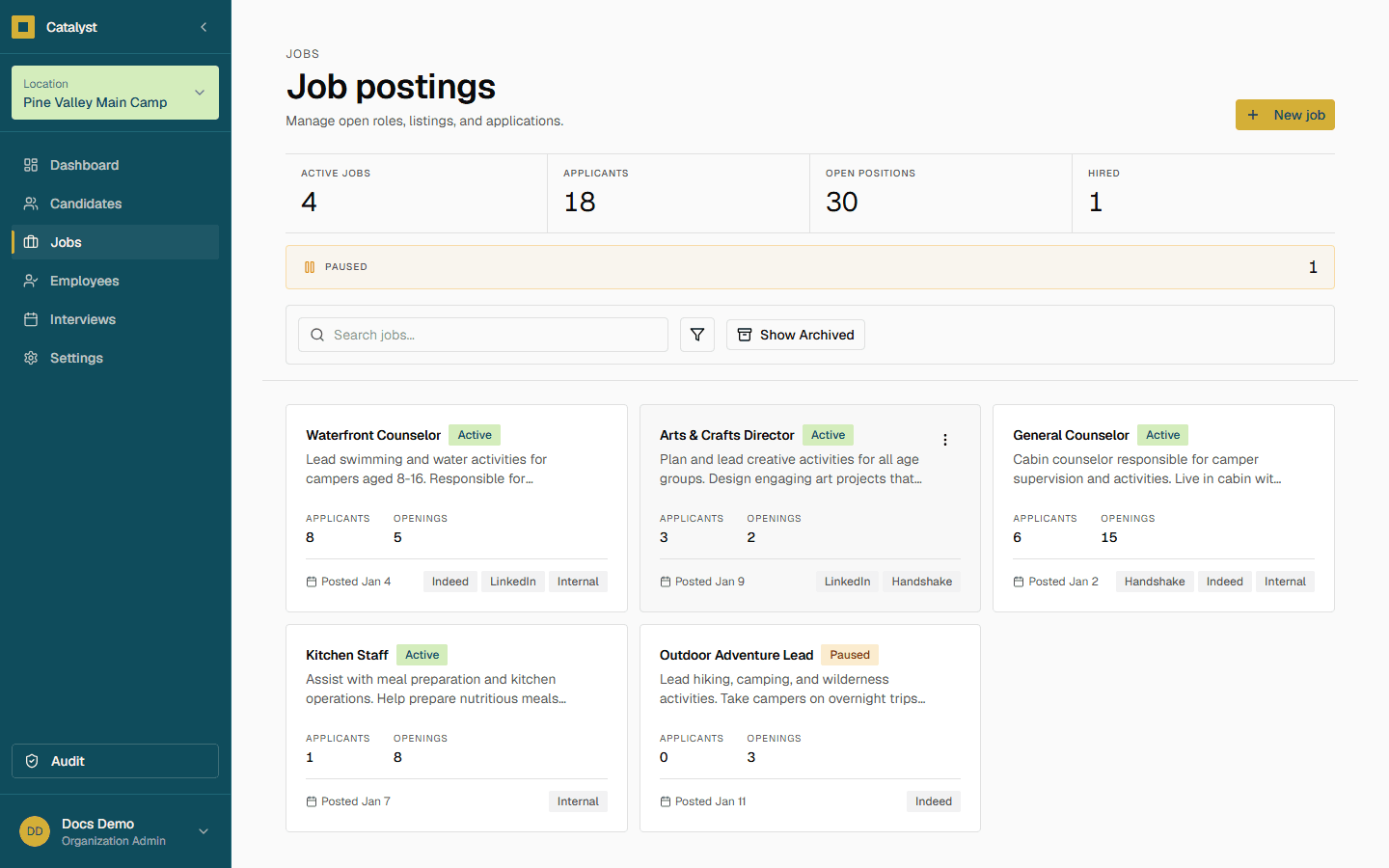 The job postings list showing status and custom-form badges