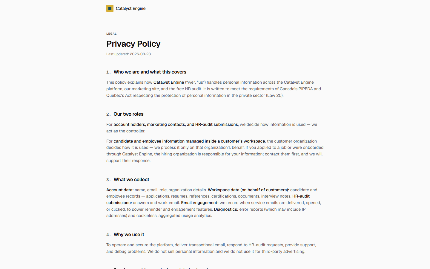 The Catalyst Engine privacy policy page
