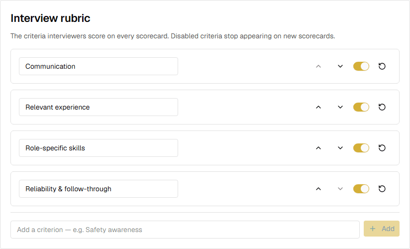 The interview rubric settings card listing scoring criteria