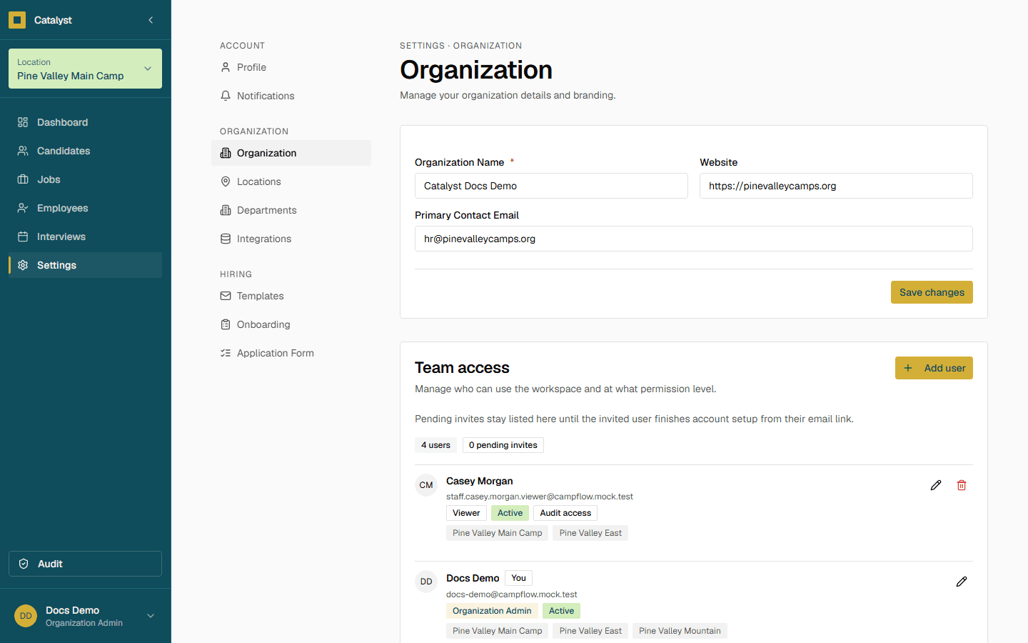 The Team access card in Organization settings showing role options
