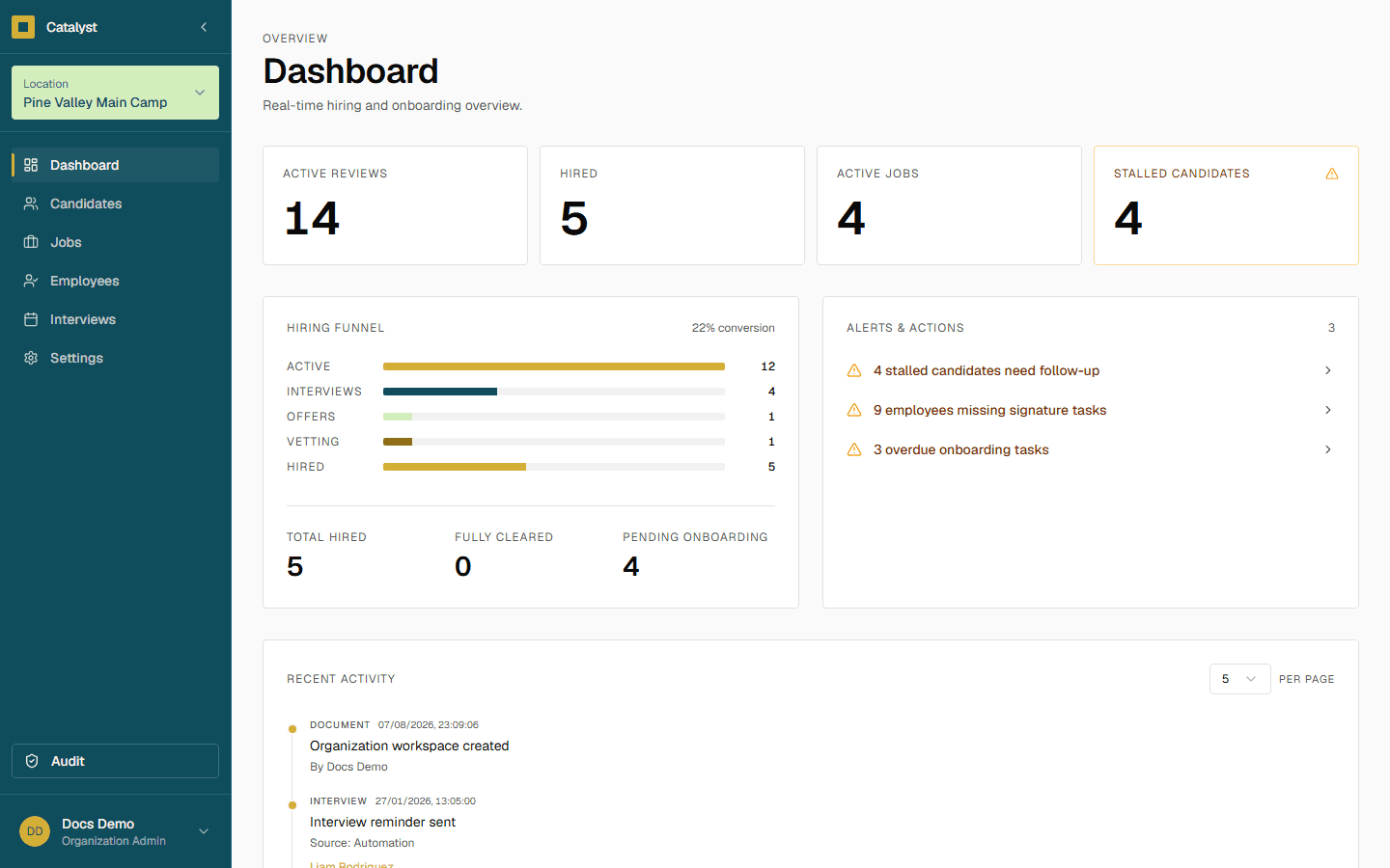 The Catalyst Engine dashboard with the sidebar location switcher open