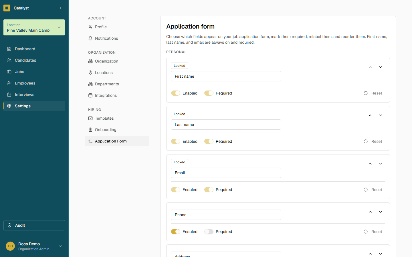The Settings section with its left-hand navigation groups