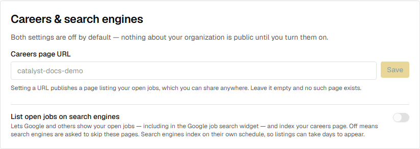 The Careers and search engines card in Organization settings